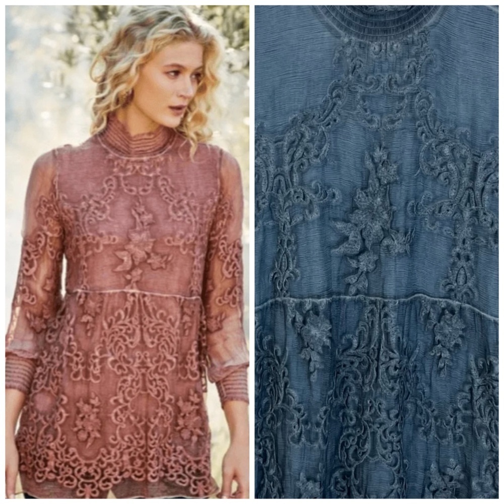 Soft Surroundings Silk Embroidered Tunic Top Blue Whimsygoth Ethereal Small NWT